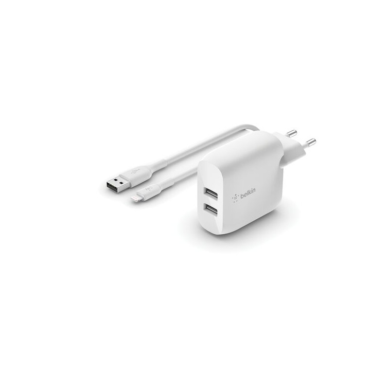BELKIN BOOST CHARGE 24w USB-A Dual Wall Charger w/ 1m A-LTG White