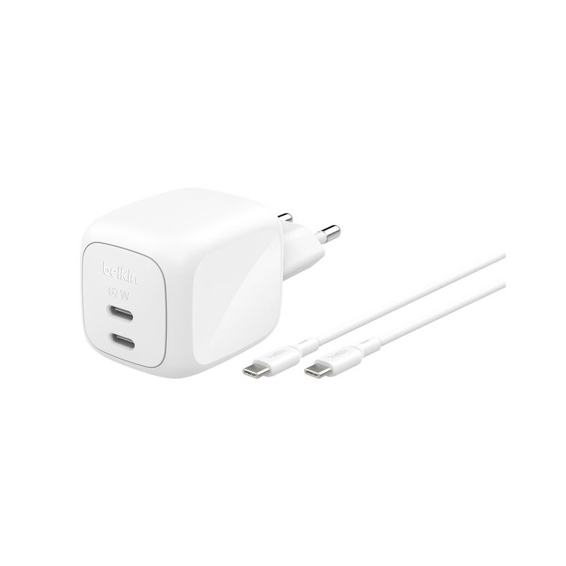 BELKIN BoostCharge 67W Dual USB-C PD Wall Charger with PPS WHT with 2m USB-C-C Cable