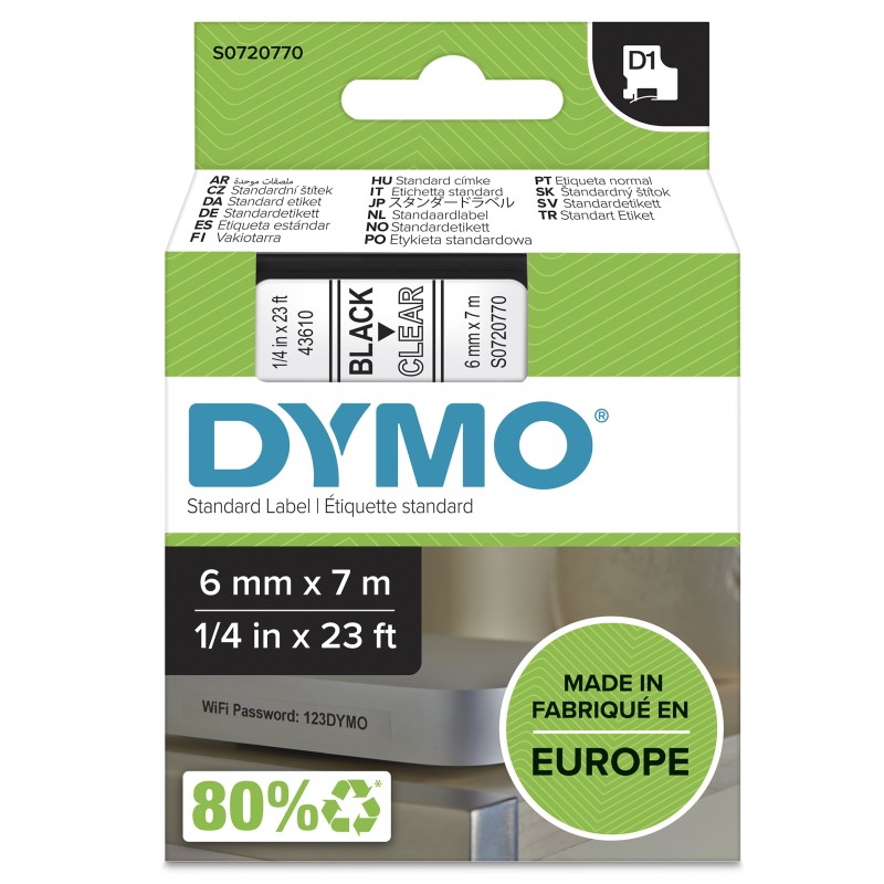 DYMO D1 Standard - Black on Transparent - 6mm ruban d'étiqu | JDB-Info