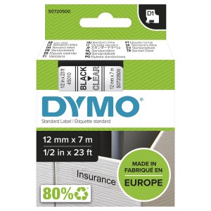 DYMO D1 Standard - Black on Transparent - 12mm ruban d'étiq | JDB-Info