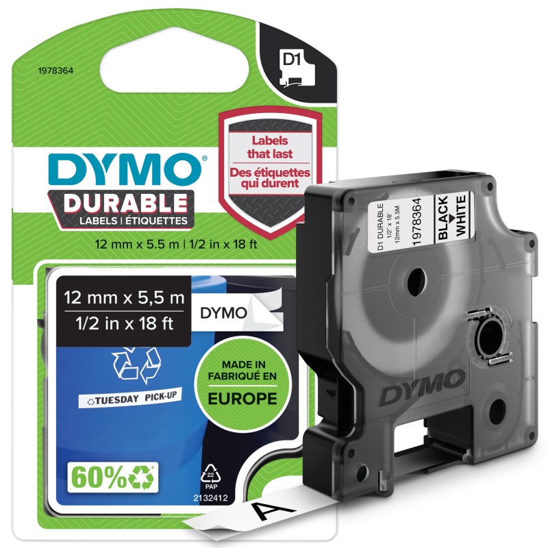 DYMO D1 Durable - Black on White - 12mm ruban d'étiquette N | JDB-Info