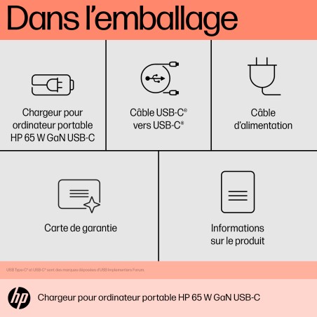 HP Chargeur pour ordinateur portable 65 W GaN USB-C | JDB-Info