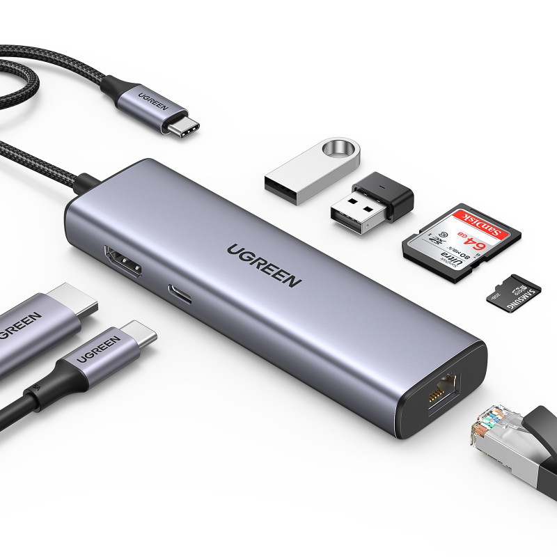 Ugreen USB-C to 2*USB3.0+HDMI+RJ 45+SD&TF+PD port Hub | JDB-Info